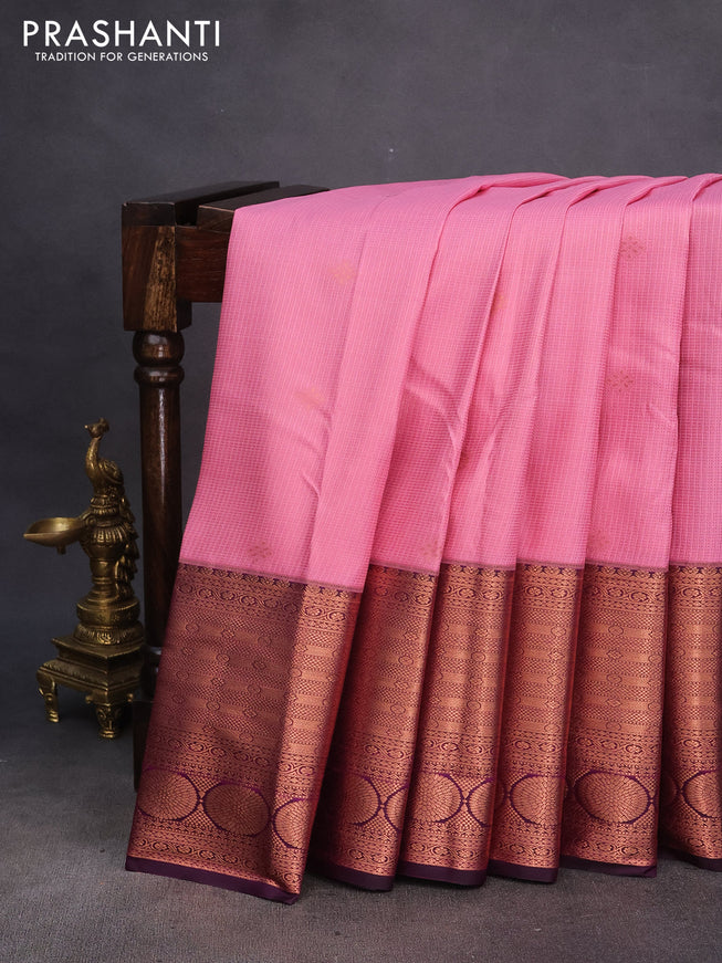 Bangalori silk saree candy pink and purple with allover zari woven brocade weaves and long rich zari woven border