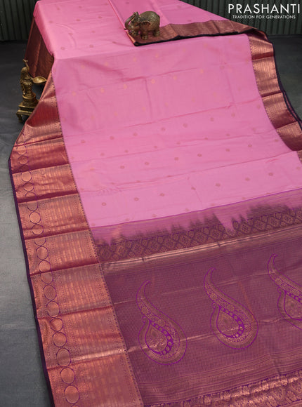 Bangalori silk saree candy pink and purple with allover zari woven brocade weaves and long rich zari woven border