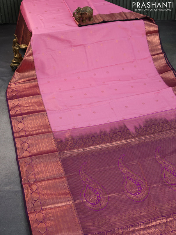 Bangalori silk saree candy pink and purple with allover zari woven brocade weaves and long rich zari woven border