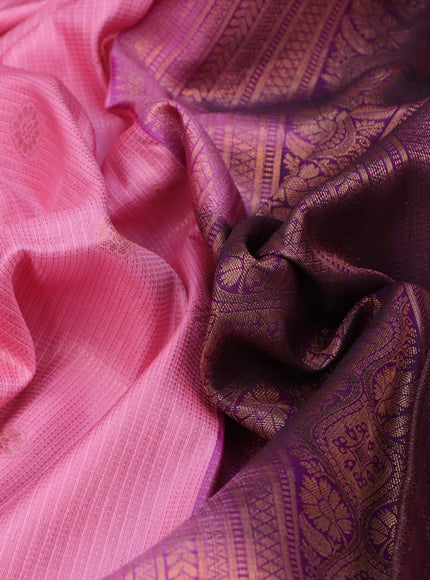 Bangalori silk saree candy pink and purple with allover zari woven brocade weaves and long rich zari woven border