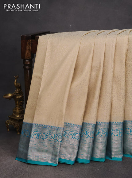 Bangalori silk saree cream and teal blue with allover zari woven brocade weaves and rich zari woven border