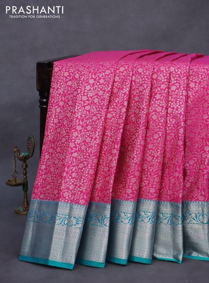 Bangalori silk saree pink and teal blue with allover zari woven brocade weaves and rich zari woven border