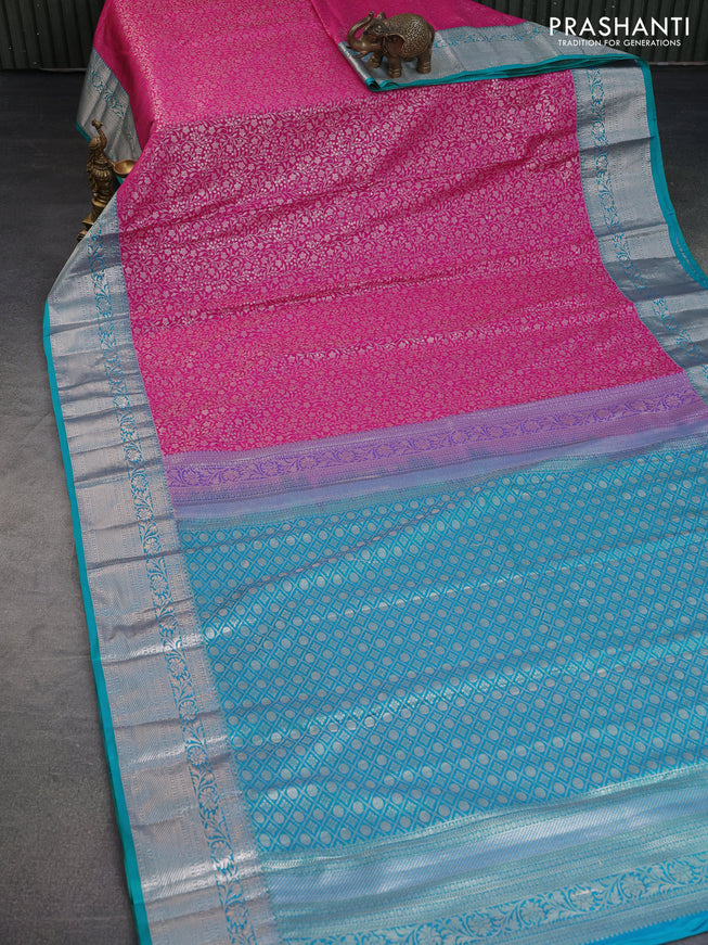 Bangalori silk saree pink and teal blue with allover zari woven brocade weaves and rich zari woven border