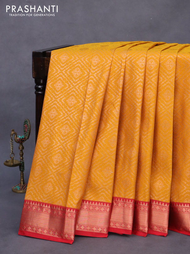 Bangalori silk saree mustard yellow and red with allover zari woven brocade weaves and rich zari woven border