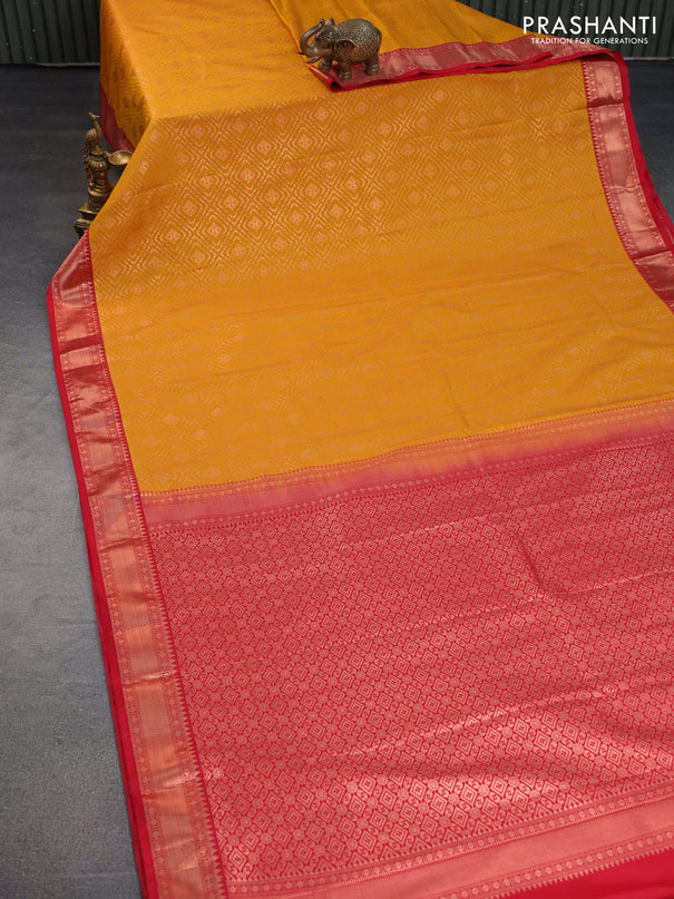 Bangalori silk saree mustard yellow and red with allover zari woven brocade weaves and rich zari woven border