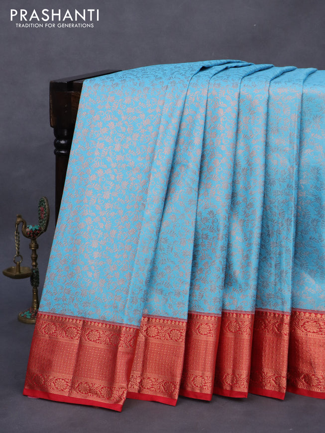 Bangalori silk saree light blue and red with allover zari woven brocade weaves and rich zari woven border