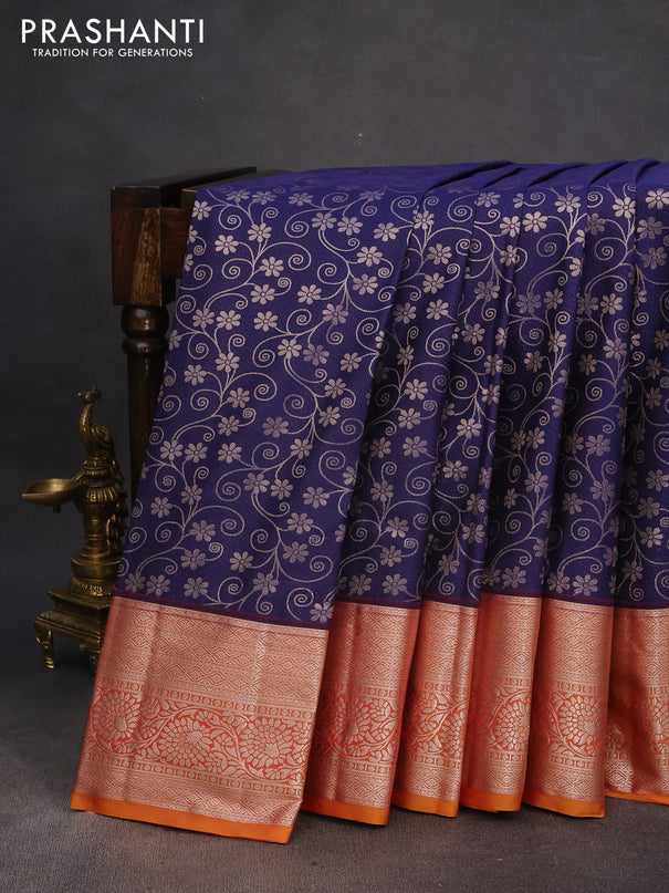 Bangalori silk saree navy blue and dual shade of yellowish pink with allover zari woven brocade weaves and rich zari woven border