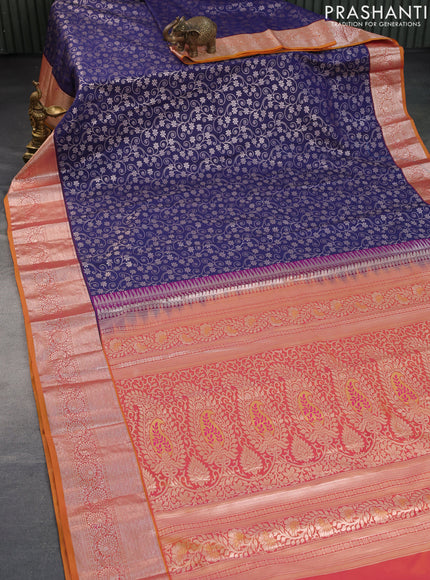 Bangalori silk saree navy blue and dual shade of yellowish pink with allover zari woven brocade weaves and rich zari woven border