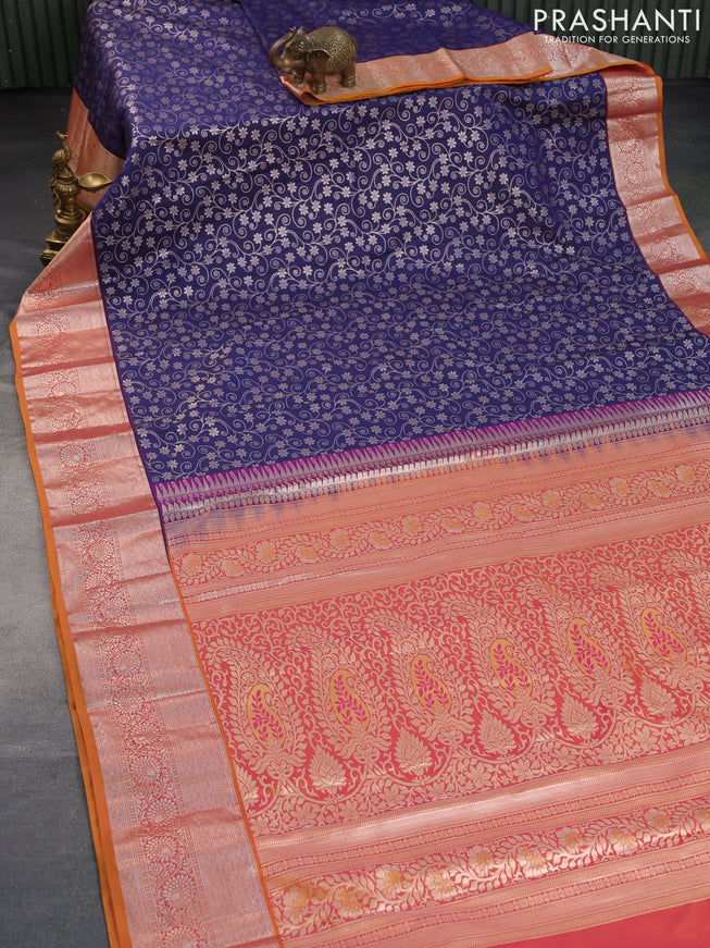 Bangalori silk saree navy blue and dual shade of yellowish pink with allover zari woven brocade weaves and rich zari woven border