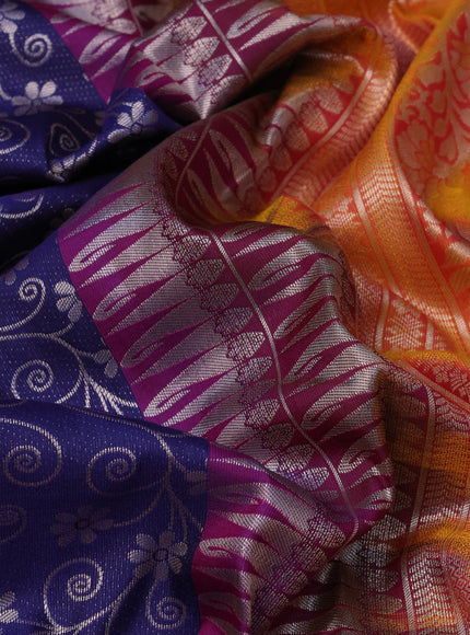 Bangalori silk saree navy blue and dual shade of yellowish pink with allover zari woven brocade weaves and rich zari woven border