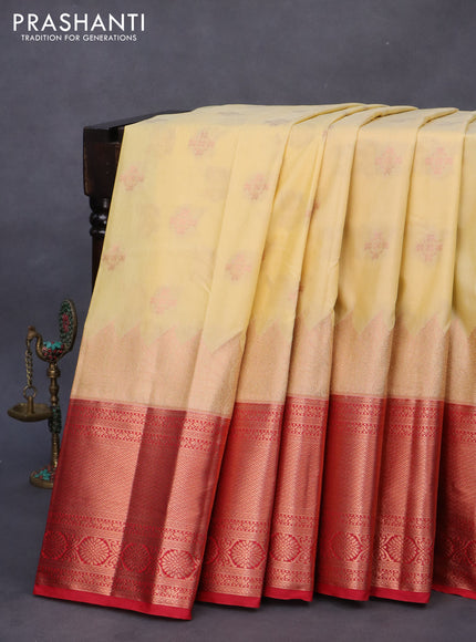 Bangalori silk saree pale yellow and red with allover copper zari woven buttas and long copper zari woven border