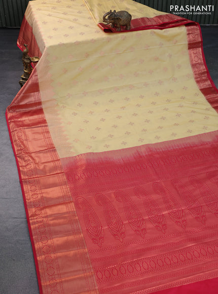 Bangalori silk saree pale yellow and red with allover copper zari woven buttas and long copper zari woven border