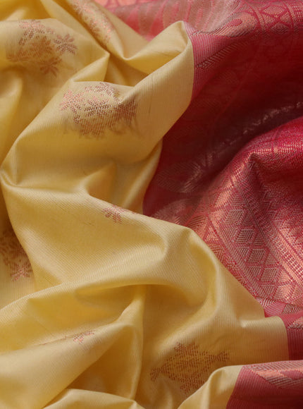 Bangalori silk saree pale yellow and red with allover copper zari woven buttas and long copper zari woven border