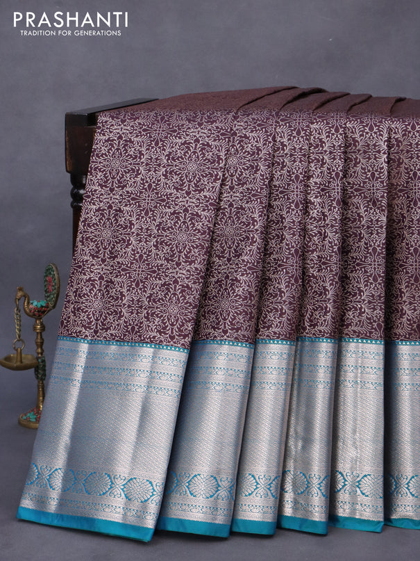 Bangalori silk saree deep wine shade and teal blue with allover zari woven brocade weaves and long zari woven border