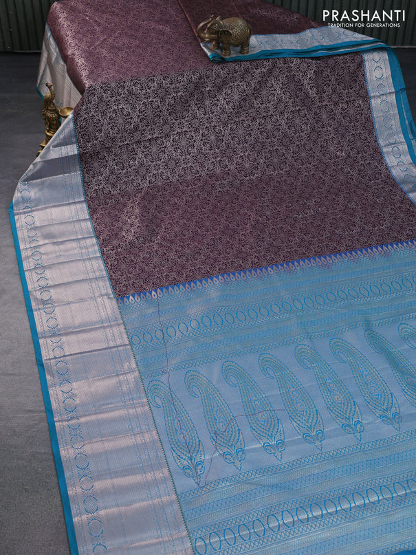 Bangalori silk saree deep wine shade and teal blue with allover zari woven brocade weaves and long zari woven border