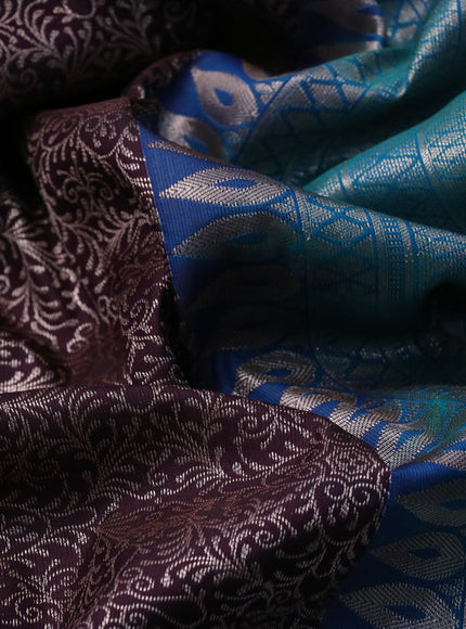 Bangalori silk saree deep wine shade and teal blue with allover zari woven brocade weaves and long zari woven border