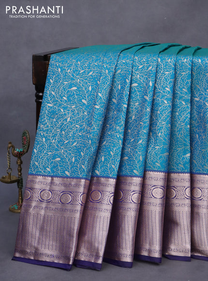 Bangalori silk saree teal blue shade and dark blue with allover zari woven brocade weaves and long zari woven border