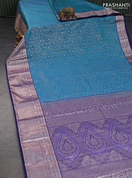 Bangalori silk saree teal blue shade and dark blue with allover zari woven brocade weaves and long zari woven border