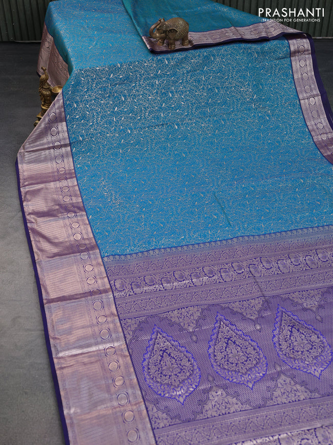 Bangalori silk saree teal blue shade and dark blue with allover zari woven brocade weaves and long zari woven border