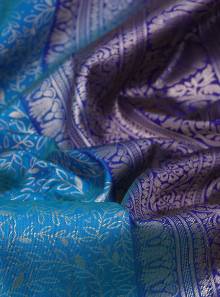 Bangalori silk saree teal blue shade and dark blue with allover zari woven brocade weaves and long zari woven border