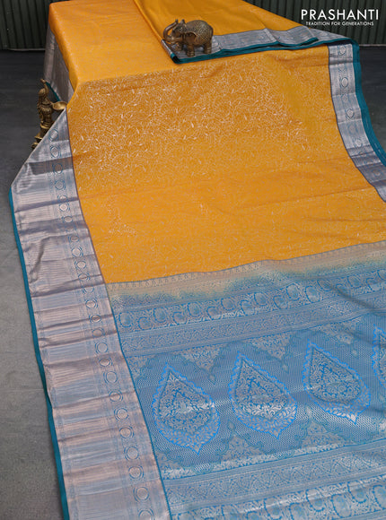 Bangalori silk saree mango yellow and teal green with allover zari woven brocade weaves and long zari woven border