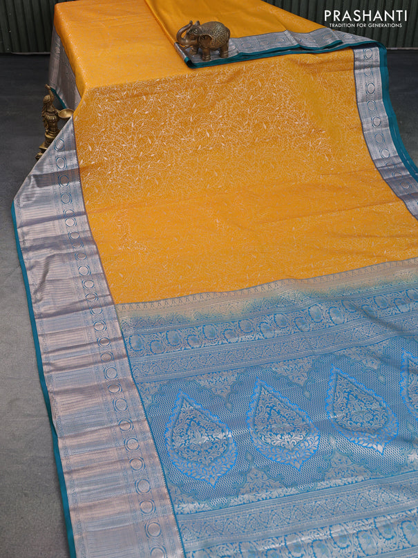 Bangalori silk saree mango yellow and teal green with allover zari woven brocade weaves and long zari woven border