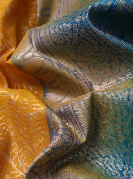 Bangalori silk saree mango yellow and teal green with allover zari woven brocade weaves and long zari woven border