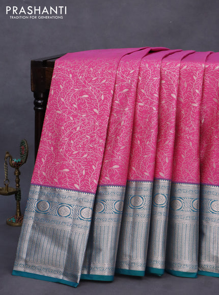 Bangalori silk saree pink and teal green with allover zari woven brocade weaves and long zari woven border