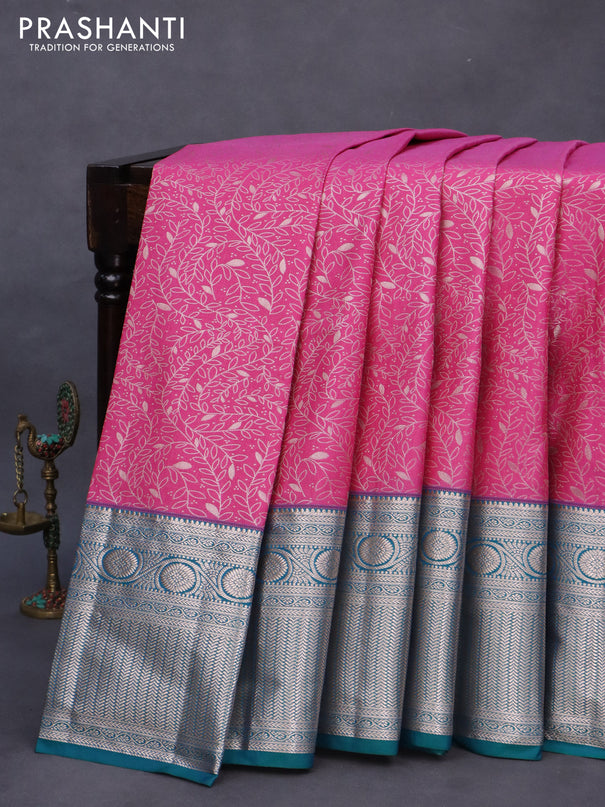 Bangalori silk saree pink and teal green with allover zari woven brocade weaves and long zari woven border