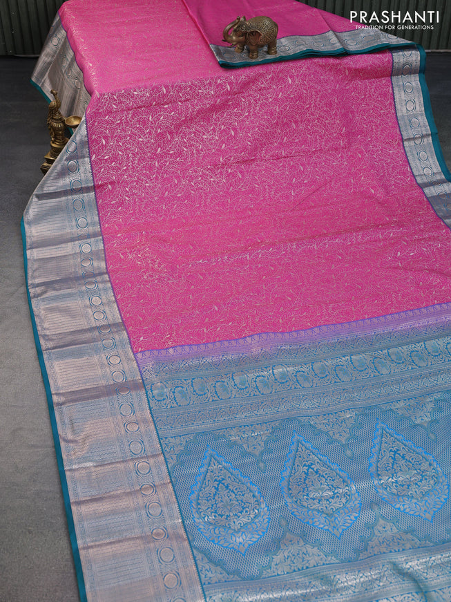 Bangalori silk saree pink and teal green with allover zari woven brocade weaves and long zari woven border