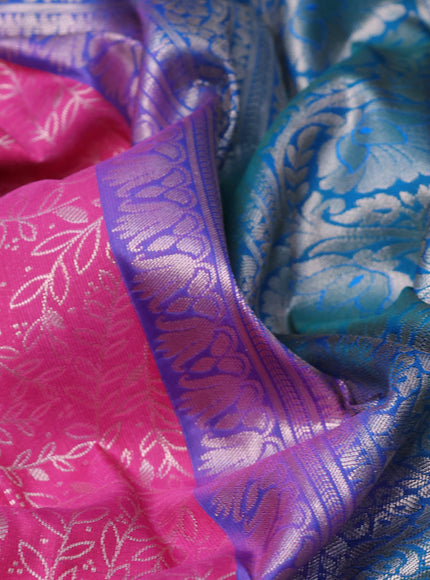 Bangalori silk saree pink and teal green with allover zari woven brocade weaves and long zari woven border