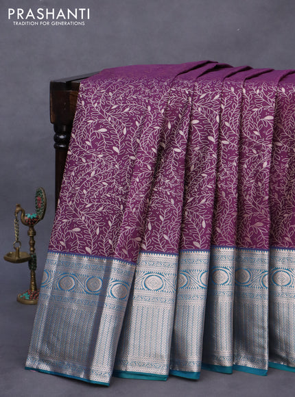 Bangalori silk saree deep purple and peacock green with allover zari woven brocade weaves and long zari woven border