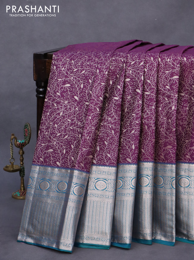 Bangalori silk saree deep purple and peacock green with allover zari woven brocade weaves and long zari woven border