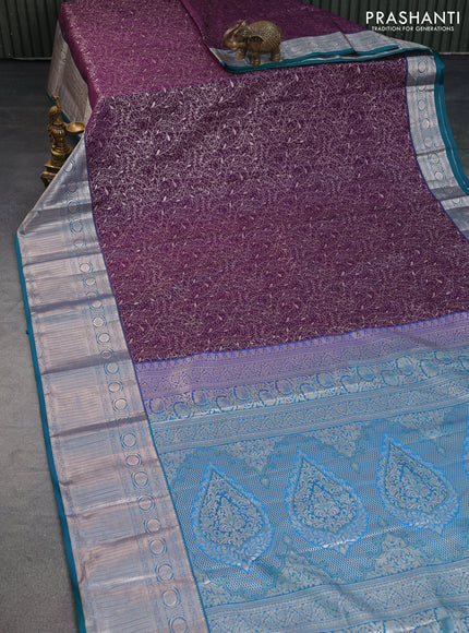 Bangalori silk saree deep purple and peacock green with allover zari woven brocade weaves and long zari woven border