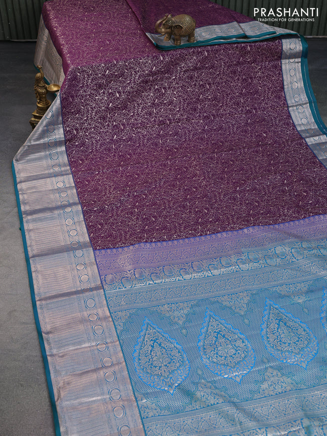 Bangalori silk saree deep purple and peacock green with allover zari woven brocade weaves and long zari woven border