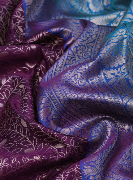 Bangalori silk saree deep purple and peacock green with allover zari woven brocade weaves and long zari woven border