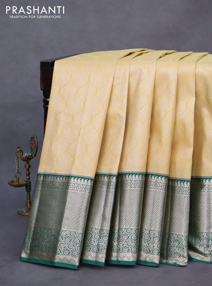 Bangalori silk saree cream and teal green with allover zari woven brocade weaves and long zari woven border