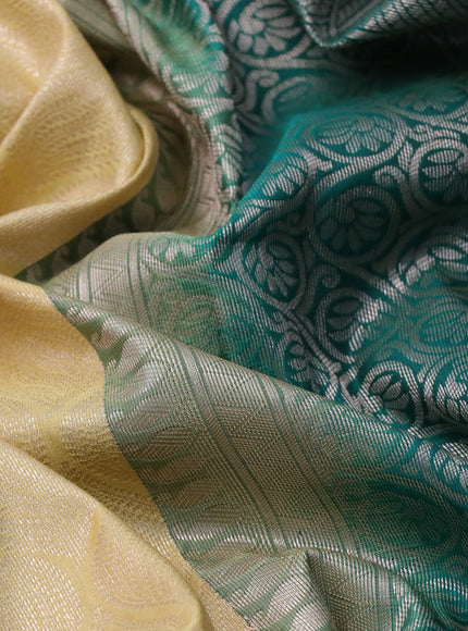 Bangalori silk saree cream and teal green with allover zari woven brocade weaves and long zari woven border