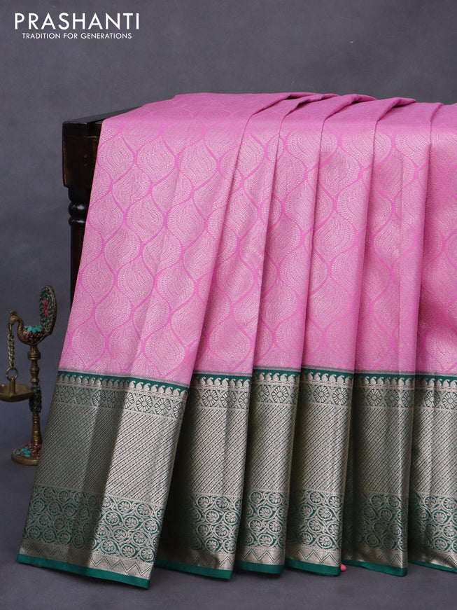 Bangalori silk saree light pink and teal green with allover zari woven brocade weaves and long zari woven border