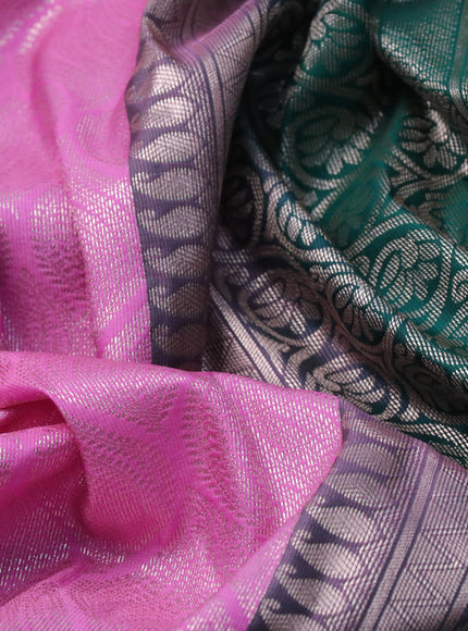 Bangalori silk saree light pink and teal green with allover zari woven brocade weaves and long zari woven border