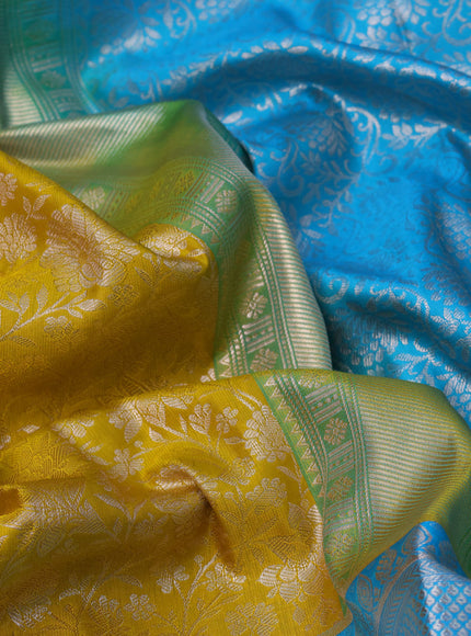 Bangalori silk saree mustard yellow and light blue with allover zari woven brocade weaves and long silver zari woven border