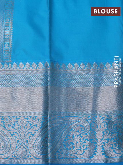 Bangalori silk saree mustard yellow and light blue with allover zari woven brocade weaves and long silver zari woven border