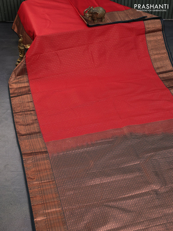 Bangalori silk saree kumkum red and bottle green with allover zari woven brocade weaves and copper zari woven border