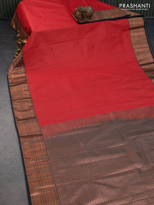 Bangalori silk saree kumkum red and bottle green with allover zari woven brocade weaves and copper zari woven border