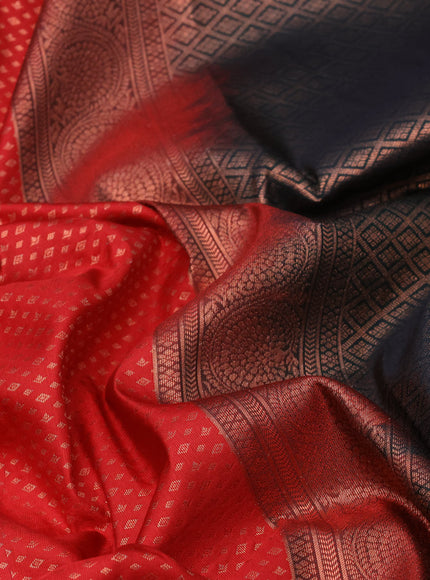 Bangalori silk saree kumkum red and bottle green with allover zari woven brocade weaves and copper zari woven border