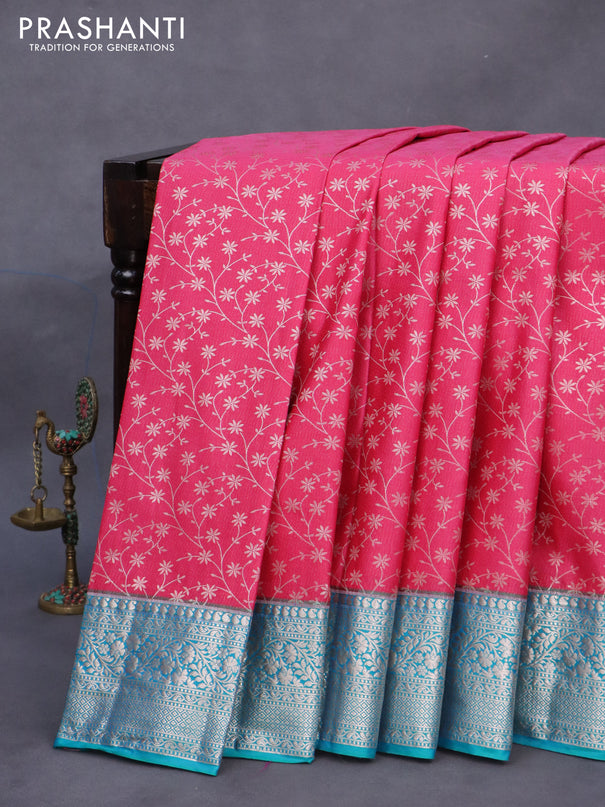 Bangalori silk saree pink and dual shade of teal green with allover zari weaves and zari woven border