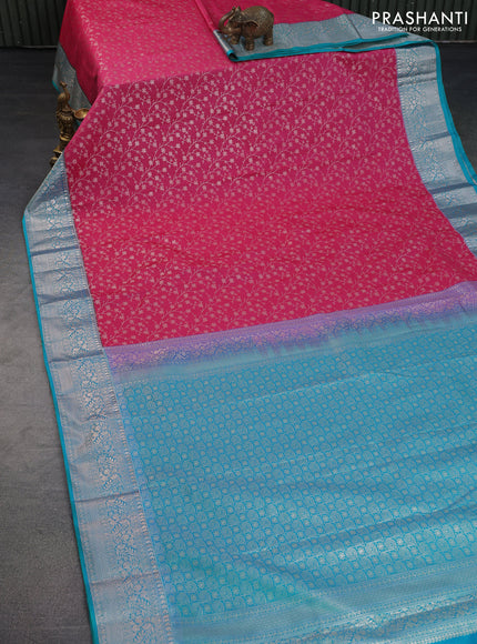 Bangalori silk saree pink and dual shade of teal green with allover zari weaves and zari woven border