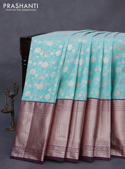 Bangalori silk saree teal blue shade and dark purple with allover zari woven brocade weaves and long zari woven border