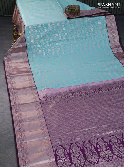 Bangalori silk saree teal blue shade and dark purple with allover zari woven brocade weaves and long zari woven border