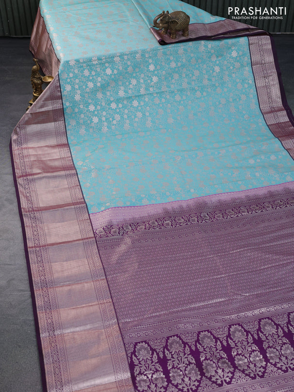 Bangalori silk saree teal blue shade and dark purple with allover zari woven brocade weaves and long zari woven border